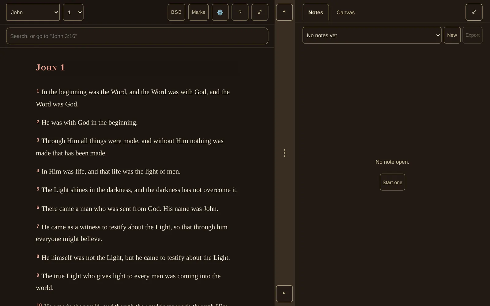 Scriptura reader in Vellum's dark style: John chapter 1 on umber paper beside the notes pane.