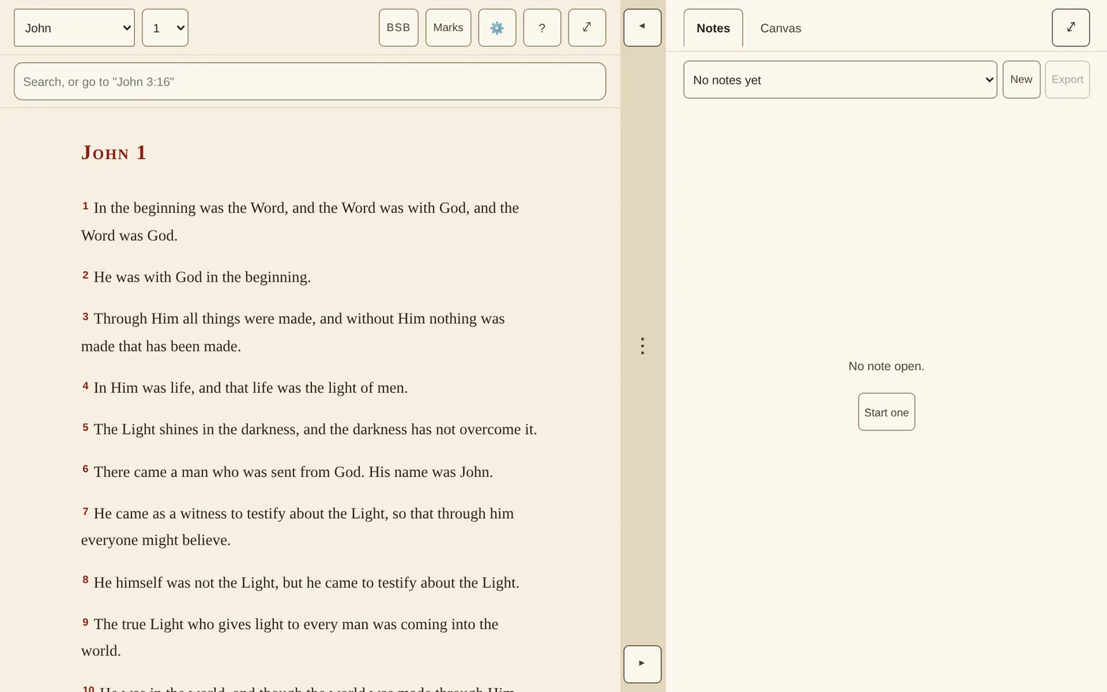 Scriptura reader in its Vellum style: John chapter 1 with rubric-red verse numbers beside an empty notes pane.